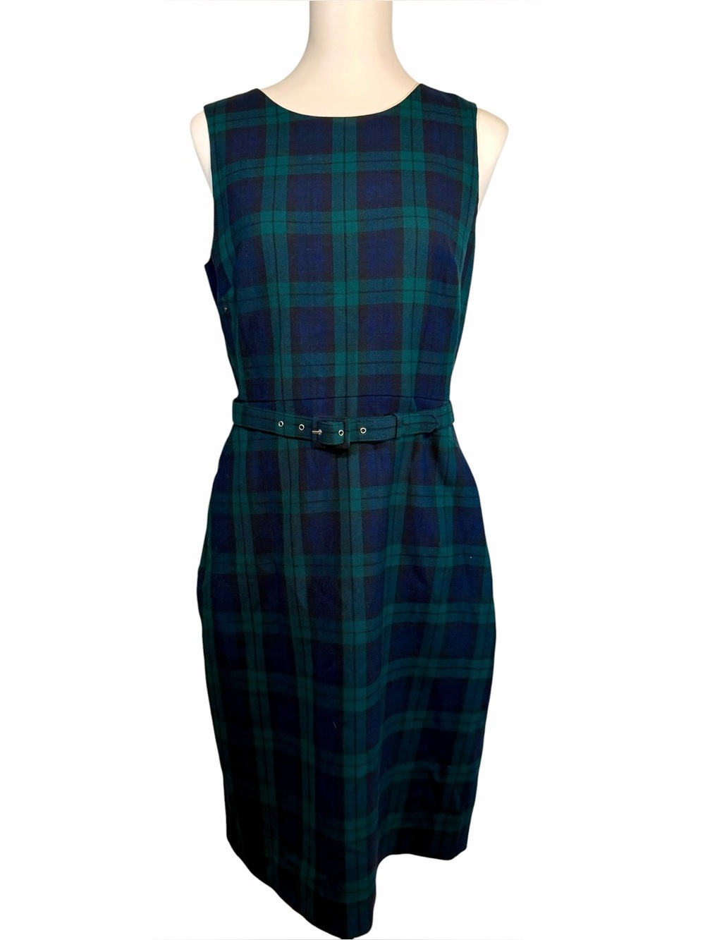 J.Crew Belted Sheath Dress Black Watch Tartan Wool Blend Navy Green Size 8